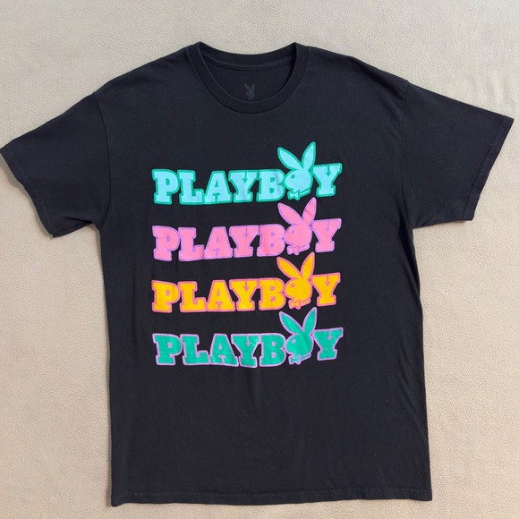 Playboy T Shirt Mens Medium Black Multicolor Graphic Short Sleeve Tee Top - Picture 1 of 6